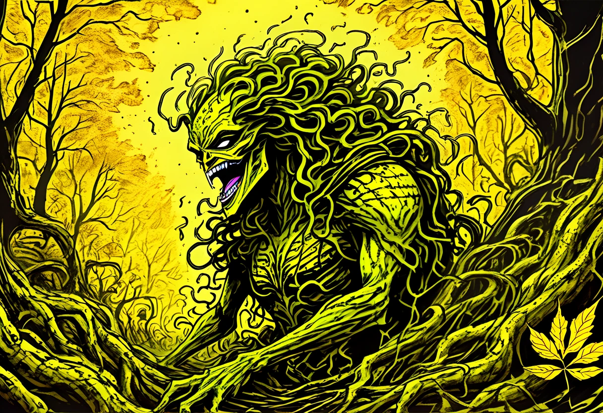 intricate ornate gold leaf, golden leaf design, gold leaf aesthetics, (wordless, single image), Golden Swamp Thing, overgrown rewilding with golden leaves, showcase Swamp Thing golden leaf design, dancing a vile stanky boogie dance, hyper maximal, strange absurd, silly hilarity, visually hilarious, cohesive, intense meme that conveys overwhelming joy, hand drawn ink, perfect mastercraft nuance, highly detailed complex illustration, american animation art style, cel shading, Bernie Wrightson aesthetics and coloring, rich color grading, ambrosia, retrowave,