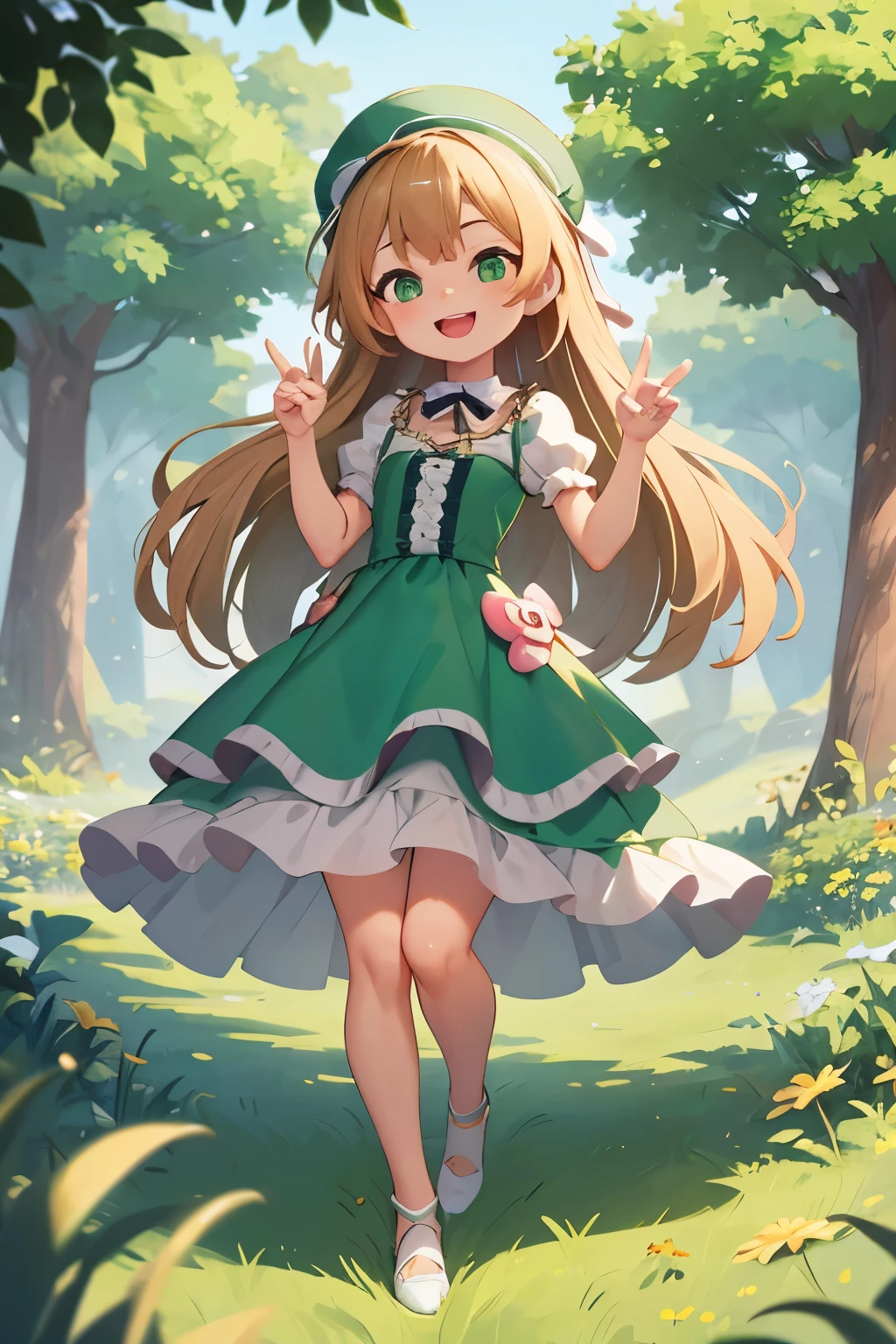 top-quality、8K Masterpiece、Draw the face in detail、1 ish girl、Lolita costume、Full body、kawaii pose、professional lighting、Happy expression、Shiny hair、perfect anatomy、In a green meadow