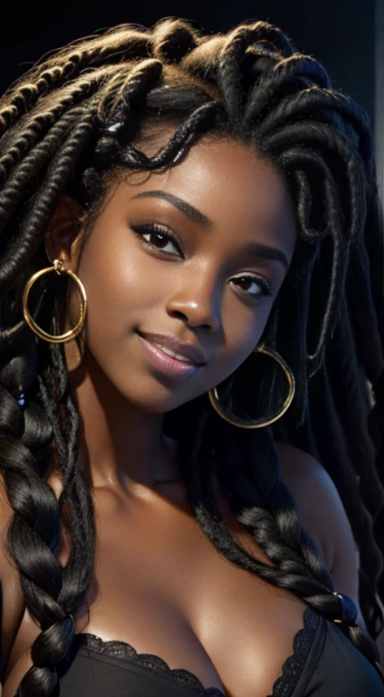 (ultra high definition), (ultra high definition), (full sharpness), (maximum quality), (Cinematic), (8k), (very black Girl), ((very tall girl), ((chubby)), ((extremely beautiful)), (alone), ((headshot)), (close up of face), (long curly dreadlocks), (glossy lips), (ultra detailed face), (ultra detailed eyes), (ultra realist eyes), (black background), ((front view)), (malicious smile), (soft skin), (very insinuating)