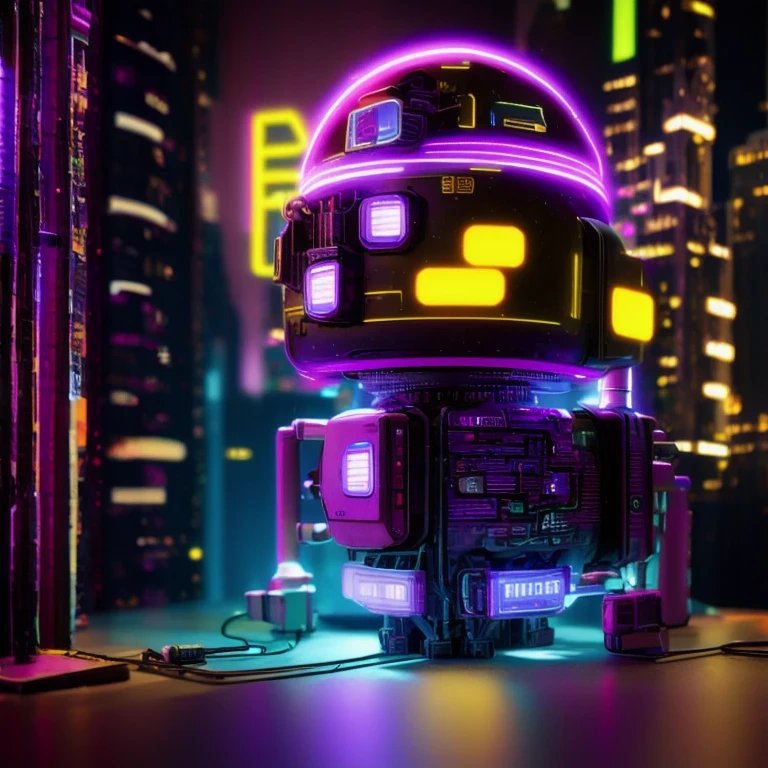 late night，cyberpunk lamp（（（Side view）））side close-up，a close up of a robot with a glowing head and a purple background, cyber mech, in style of beeple, cyberpunk pikachu, style hybrid mix of beeple, 3 d render beeple, cute elaborate epic robot, beeple masterpiece, cyberpunk art style, yellow mech, beeple!!, cyber steampunk 8 k 3 d（（（future）））（Telephoto angle of view）（Tilt-Shift）