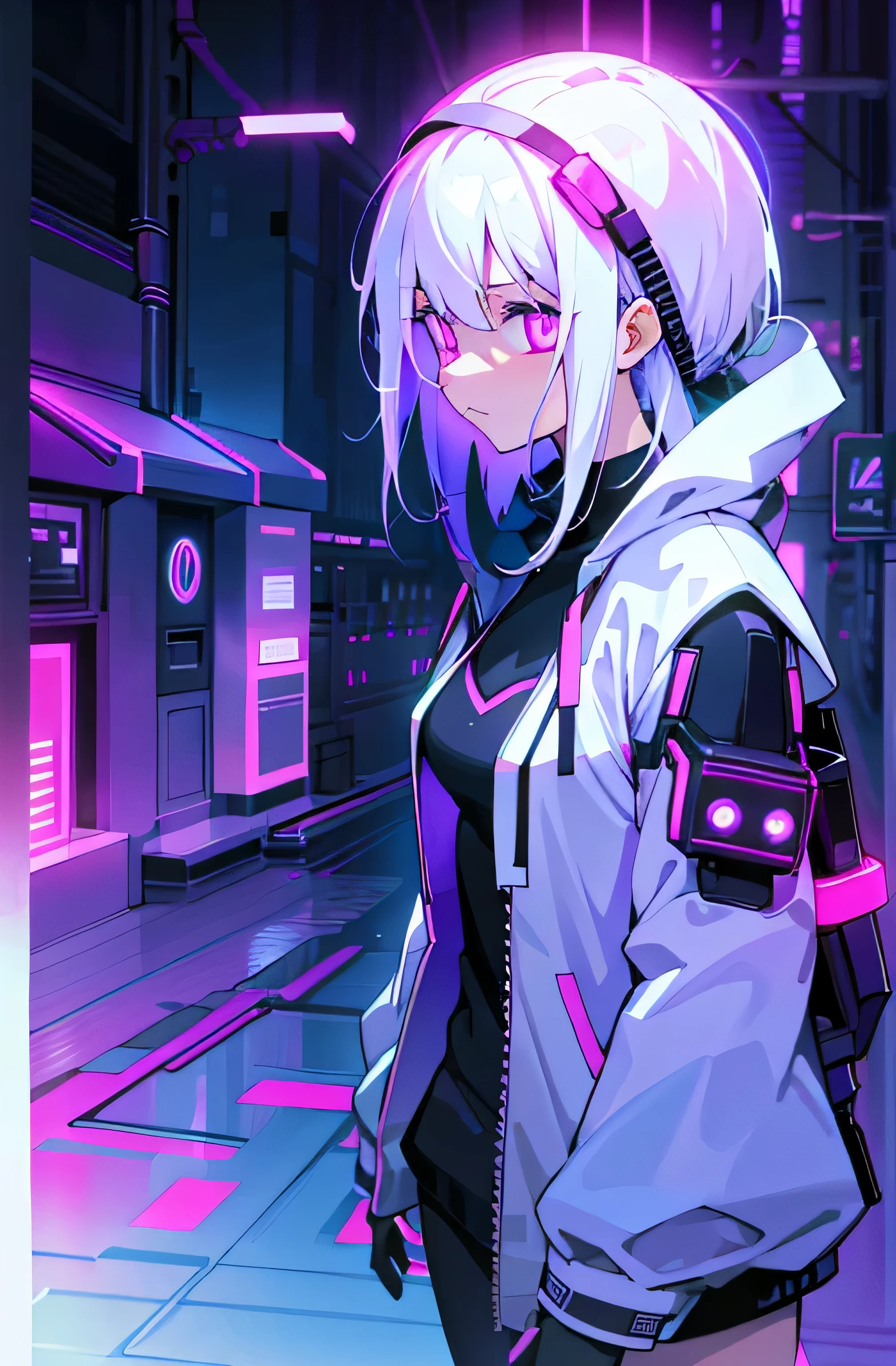 Woman, white hair, purple glowing eyes, neon color theme background neon colored street, pretty , cute , Cyberworld 