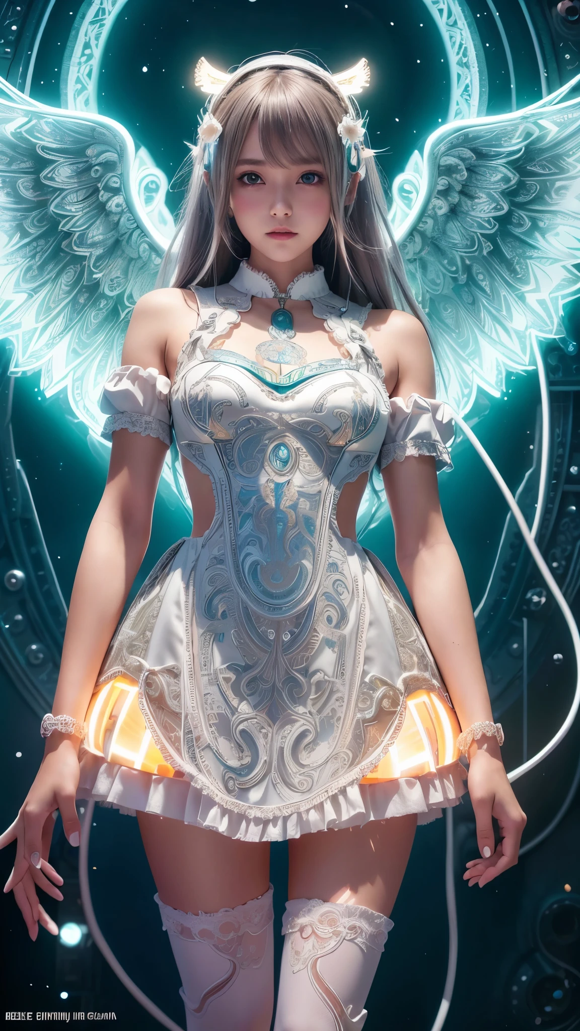 Cyborg, Girl, Beautiful girl, Cute, Sexy, Strong, Slender, Delicate, Smile, (Lolita costume), High legs, Metallic, ultra color, paisley, Headgear, mandalas, Near future, Heaven, angel, feater, wing, Helix lamp