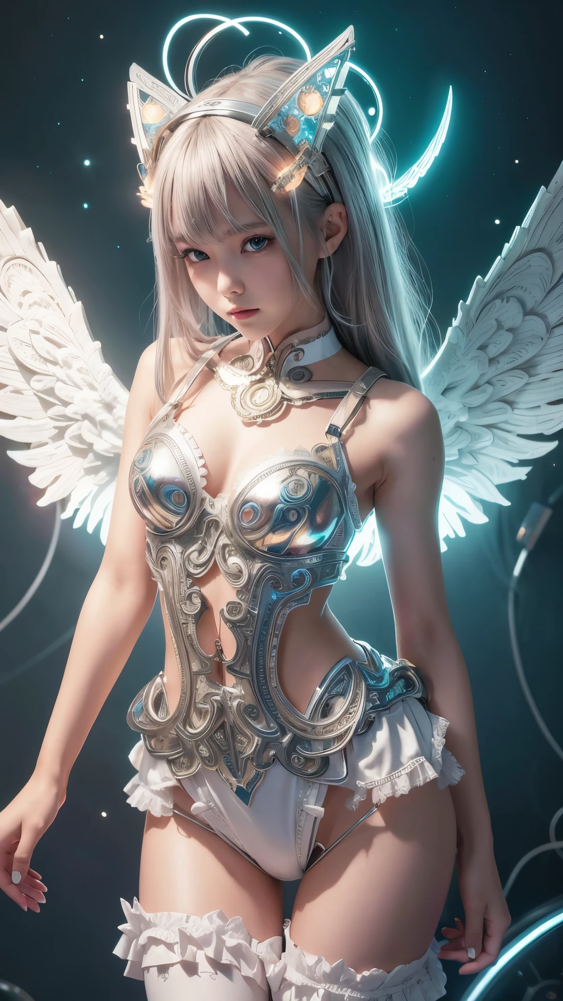 Cyborg, Girl, Beautiful girl, Cute, Sexy, Strong, Slender, Delicate, Smile, (Lolita costume), High legs, Metallic, ultra color, paisley, Headgear, mandalas, Near future, Heaven, angel, feater, wing, Helix lamp