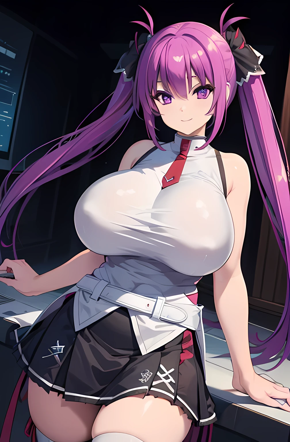 Depth of the bounds written,( High resolution, super detailed:1.3), sharp focus, cinematic lighting,smile,Add highlights to the eyes,(best quality, masterpiece, highres),solo,twin tails,(purple hair,purple eyes),(huge breasts),(impossible clothes:1.3),micro miniskirt,white  cloth