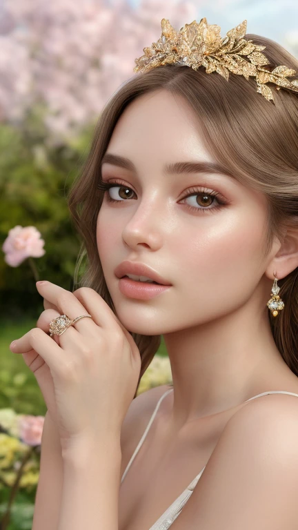 A girl in a lush, enchanted garden (best quality: 8k, highres), surrounded by vibrant, delicate flowers and majestic skies (masterpiece: 1.2). Her beautiful, detailed eyes (realistic) sparkle with a gentle, dreamy look, framed by long, elegant lashes. Her lips are full and softly glowing (photorealistic), subtlety emphasized by the pastel color palette and soft lighting. An engagement ring adorns her finger, its interlocking rings gleaming with shimmering golden accents. The highly polished 3D render emphasizes the intricate details of her eyes and lips, creating a truly magical,