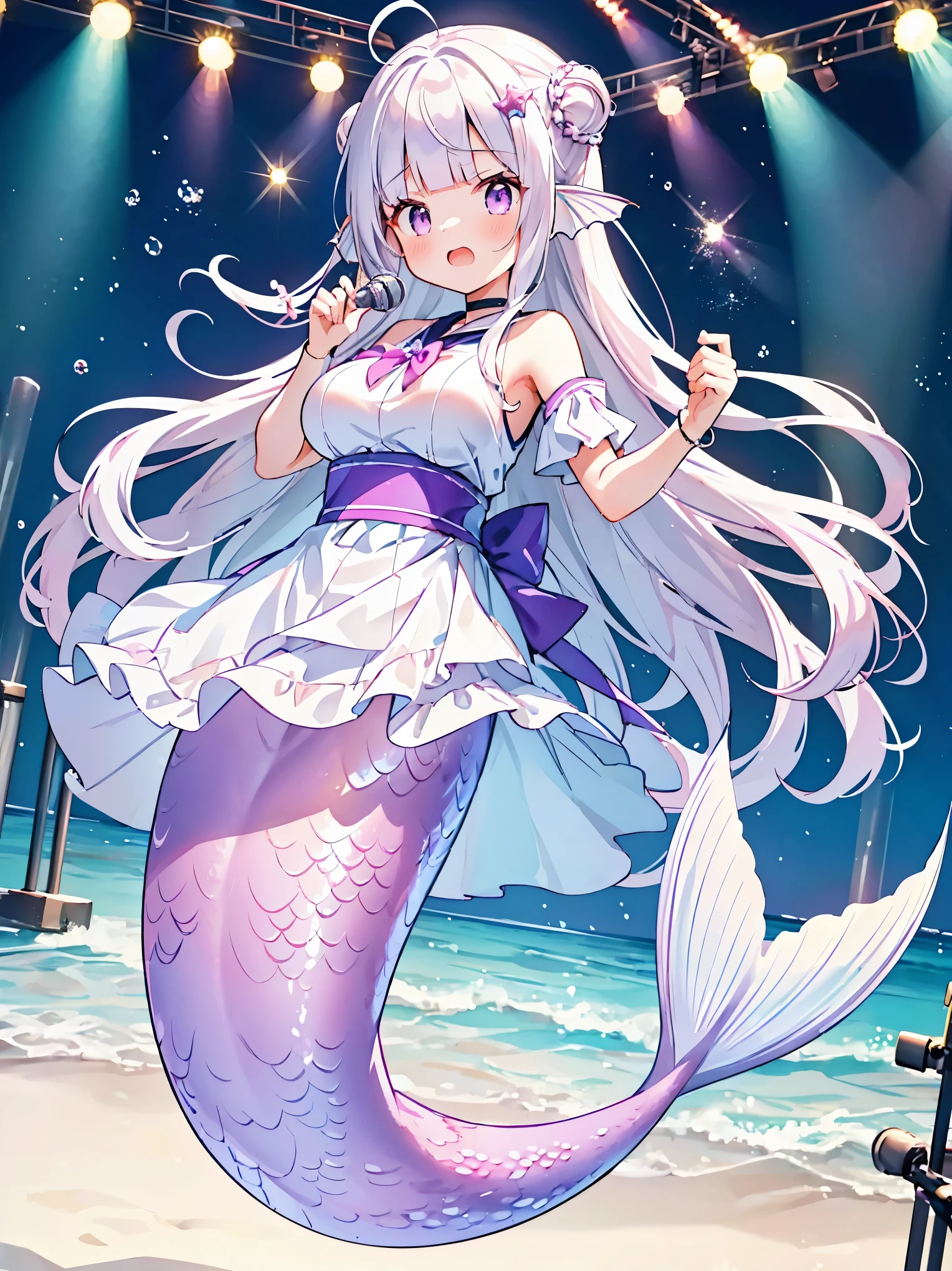 masterpiece, best quality,a woman,white shirt,Purple skirt,big breasts,Mermaid,white hair,紫色的Mermaid尾巴,full-body shot,for the audience,Get posed,at the bottom of the sea,Open your mouth and sing,charming脸(kawaii, charming,soft)