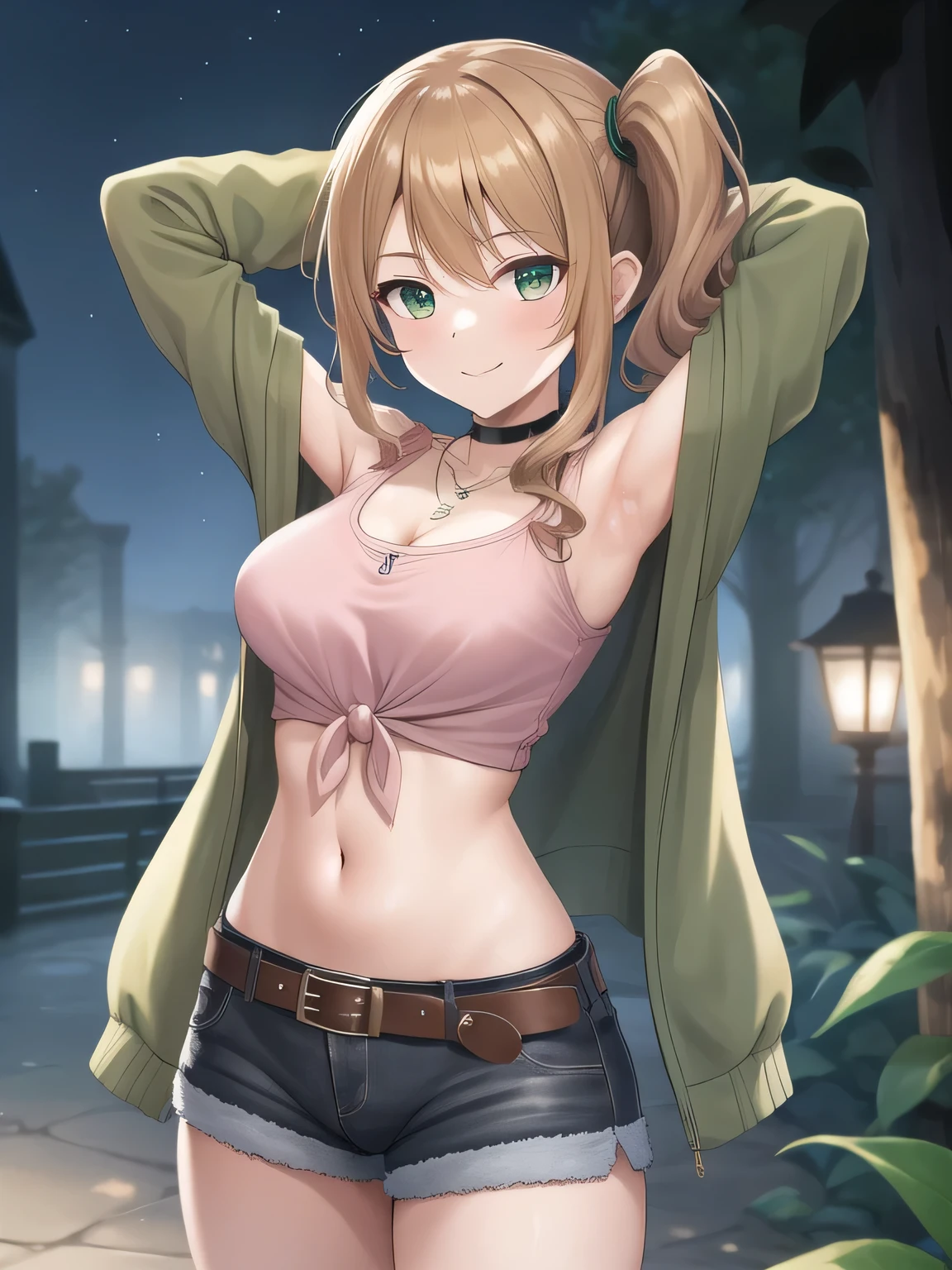 (masterpiece, best quality:1.2),illustration,8k,hd,1girl,solo, green eyes,side ponytail,brown hair,jacket,tied shirt,pink shirt,belt,choker,long hair,midriff,necklace,jewelry,off shoulder,green jacket,denim shorts,breasts,long sleeves,black shorts,black choker,bangs, solo, night sky, forest, arms behind head, contrapposto, spread armpits, closed mouth, smile, (cowboy shot:1.5)