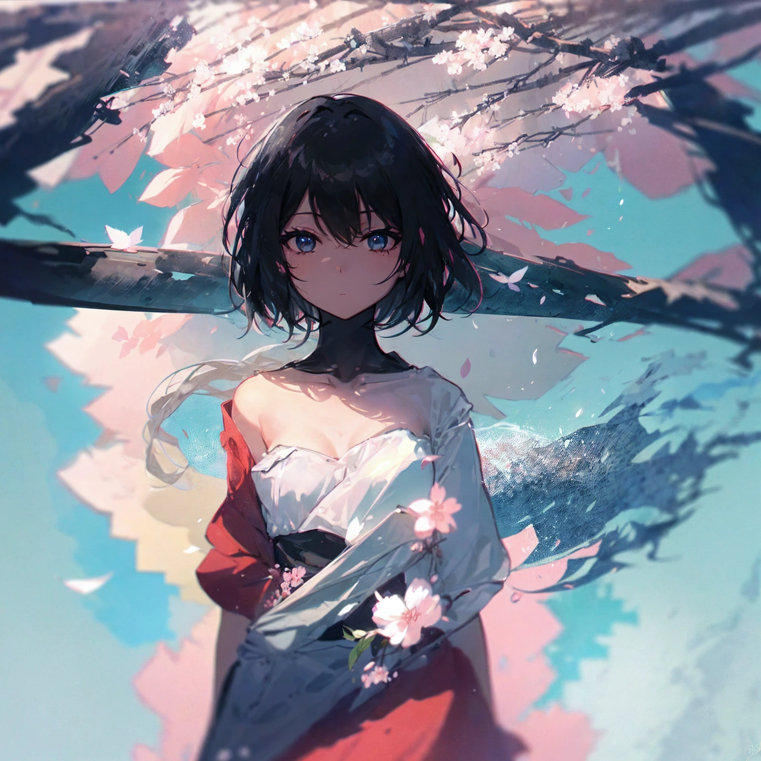 Product illustration of a girl in the rain,cherry blossoms,water中で,water,black hair,short bob,white skin,waterに浮いている