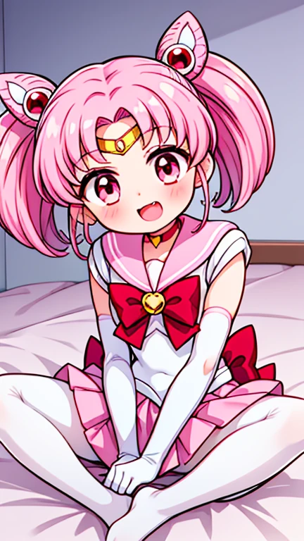 Sailor Moon,childhood,Seven years old,Cute little loli,Pink hair twintails,short hair,Sailor suit,bow tie,White elbow gloves,Red Skirt,lying down,no shoes,Open your mouth,laughing out loud,fangs,(white pantyhose)(white pantyhose)