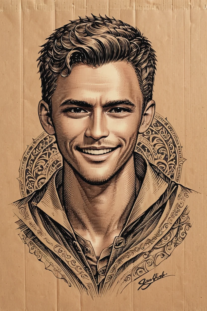 Black and brown drawing of an outdoor man,sly smile from under forehead, on kraft paper, Karl Kopinski, fantasy, highly detailed, Vlop and Krenz Cushart, ornate detailing, Jean-Sebastian Rossbach, James Gene,ebes