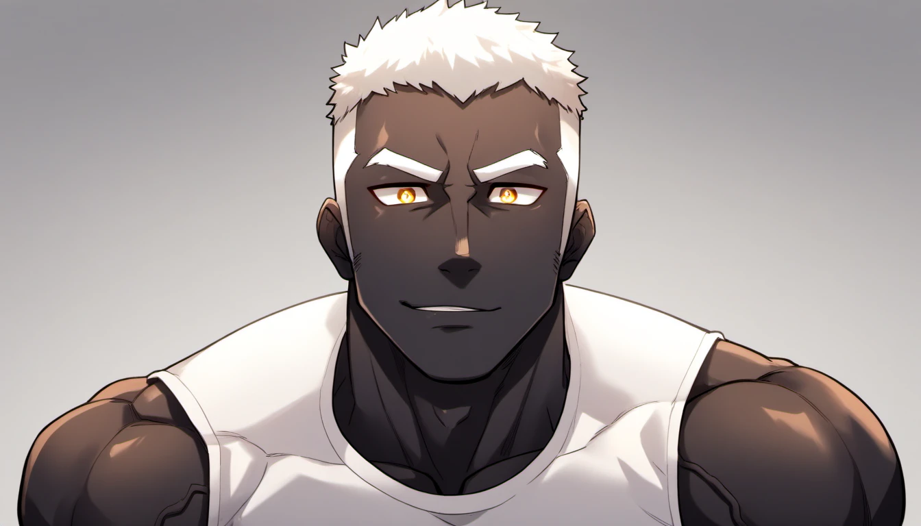 anime characters：Gyee, Fitness coach, Shining black skin, 1 muscular tough guy, Manliness, male focus, Cream White Sleeveless Tight T-Shirt, Very tight, The pectoral muscles are oversized, Slightly transparent, muscular male, muscular, only, Upper body, alone, White short hair, Thick eyebrows, stubble, Yellow eyes, Grey background, simple background, amazing quality, best aesthetics, Ridiculous, bright pupils, crew cut, parted lips, seductive smile, torogao, naughty face, drop shadow, best quality