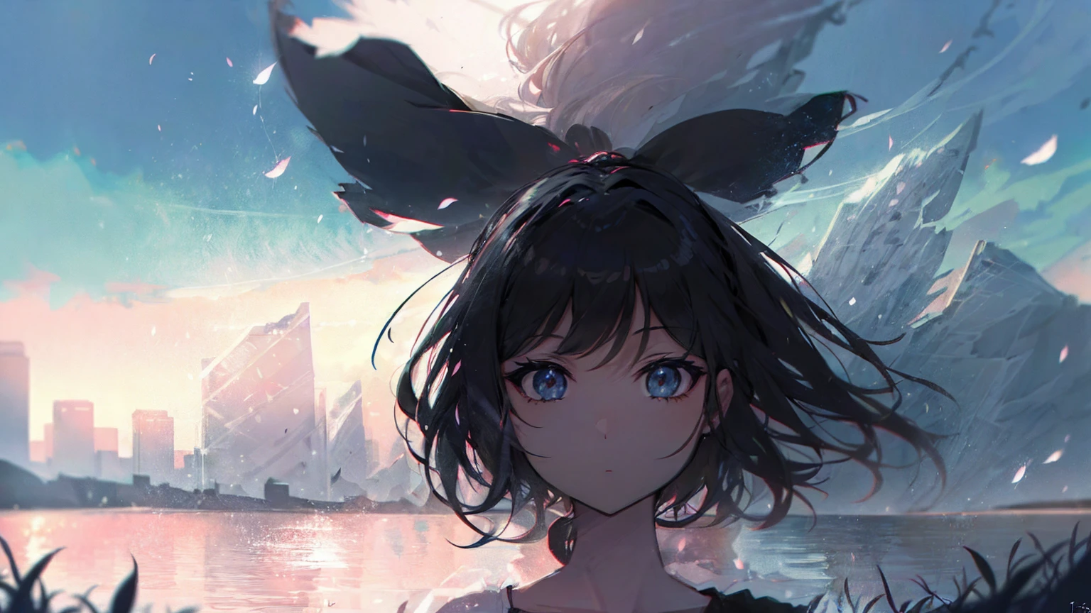 Product illustration for Girl in the Wind,cherry blossoms,water中で,water,black hair,short bob,white skin,Pale complexion,Light skin tone,face forward,Are standing