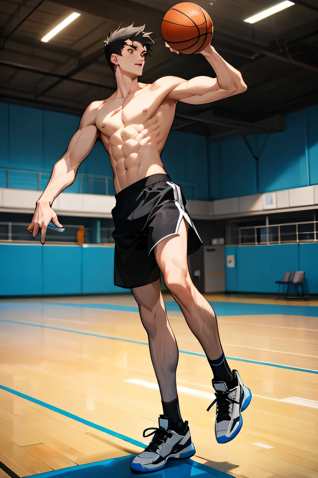 shirtless, super muscular, 22-year old short black hair handsome caucasian male wearing basketball shorts and rubber shoes, playing basketball, in the indoor basketball court