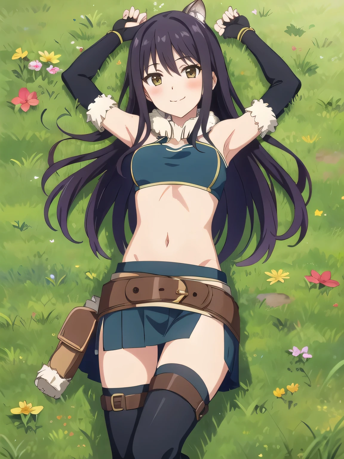 1girl, long hair, boots, thighhighs, midriff, skirt,crop top, quiver, capelet, bare shoulders, thighhighs under boots, bangs, gloves, belt, navel, breasts, fur trim, vambraces, miniskirt, fingerless gloves, blush, Shiori, solo, on grass, on back, (cowboy shot: 1.3), smile, arms up, closed mouth,