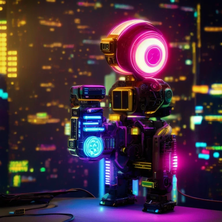 late night，cyberpunk lamp（（（Side view）））side close-up，a close up of a robot with a glowing head and a purple background, cyber mech, in style of beeple, cyberpunk pikachu, style hybrid mix of beeple, 3 d render beeple, cute elaborate epic robot, beeple masterpiece, cyberpunk art style, yellow mech, beeple!!, cyber steampunk 8 k 3 d（（（future）））（Telephoto angle of view）（Tilt-Shift）