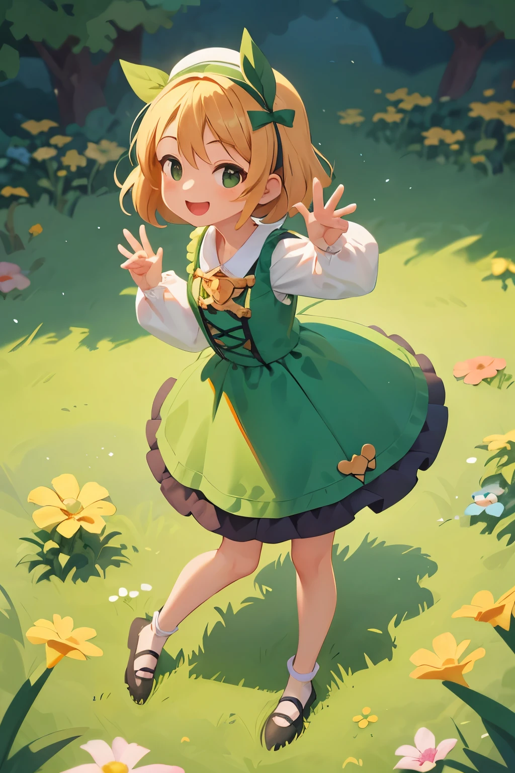 top-quality、8K Masterpiece、Draw the face in detail、1 ish girl、Lolita costume、Full body、kawaii pose、professional lighting、Happy expression、Shiny hair、perfect anatomy、In a green meadow