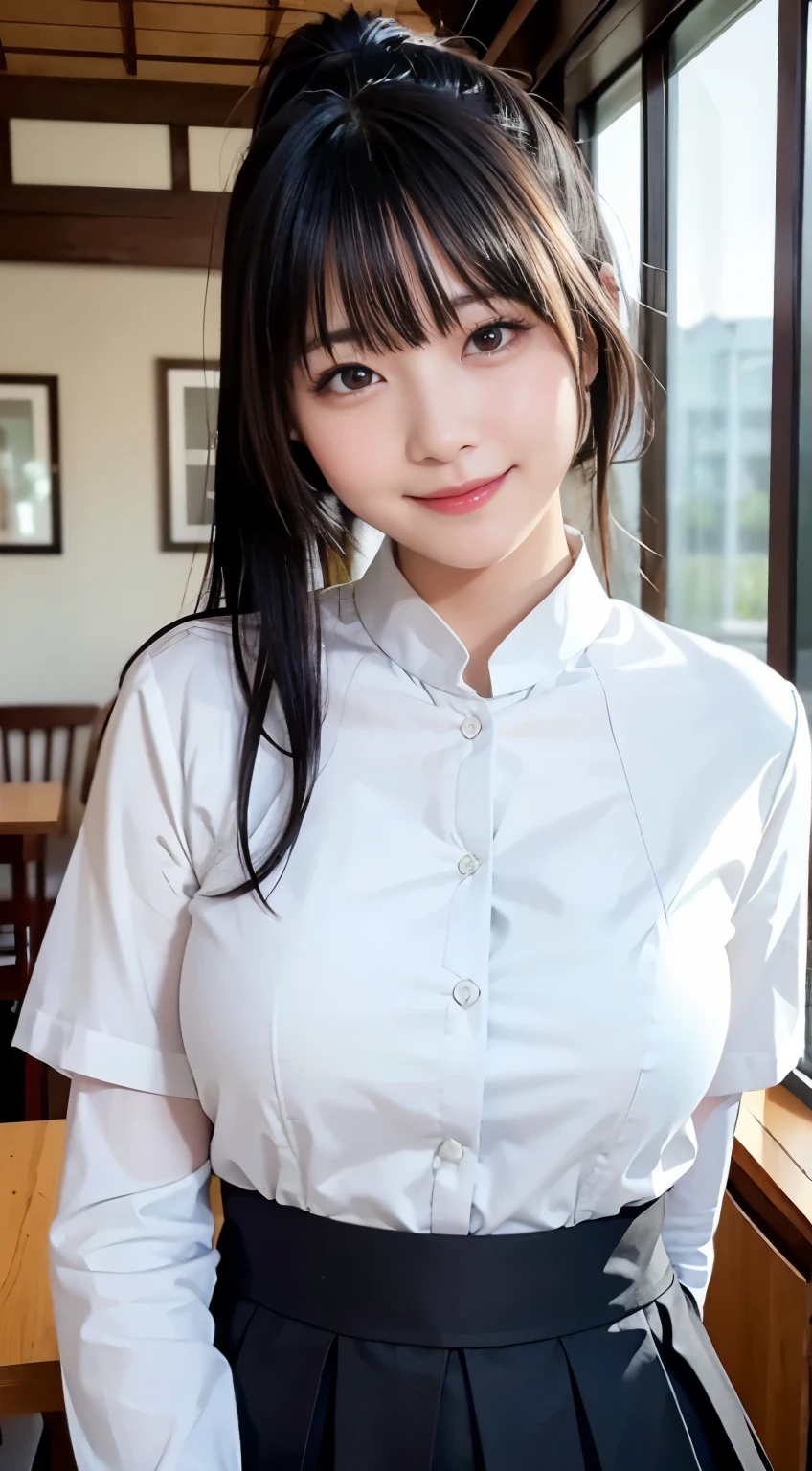 (highest quality,masterpiece:1.3,ultra high resolution,),(Super detailed,caustics),(Photoreal:1.4,RAW shooting,)ultra-realistic capture,very detailed,High resolution 16K human skin close-up。 natural skin texture、,The pores are、、、、It should be detailed enough to be easily identifiable。 Skin should be even-toned and healthy looking。 Use natural light and color,restaurant,waitress uniform,1 girl,Japanese,18-year-old,cute,black haired,ponytail,big breasts,smile,Turn your body forward,(Front view:1.1),look at the camera,cowboy shot,