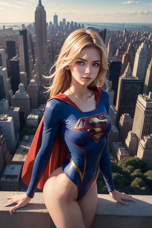 Mujer demasiado sexy y hermosa, skinny, small buttocks, Supergirl, classic suit blue and red top type leotard revealing her underwear and I can see her genitals and breasts, rubia y piel clara, hermosos ojos color azules detalle extremo, fondo de Nueva York en central park donde se pueden observar los edificios desde arriba y un cielo con destellos de luz iluminando su belleza, obra maestra, detalles con gran calidad, semidesnuda se pueden ver sus genitales femeninos sin calzones, sin brassier, sexual, esta volando hacia el horizonte sobre la ciudad, cuerpo completo,