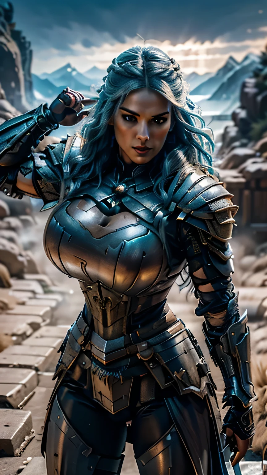 8K,asgard female warrior with very big breasts,Super beautiful(like the real thing),black very large chest armor,realistic skin,luxury black pants,Has a large, long black spear,sexy,muscular slim body,ripped abs,black shoulder armor,black waist armor,black leg armor,desert, rich colors, Backlight, cinematic lighting, film grain, RAW, 50mm lens,nikon　D850,ultra high resolution,Super realistic,goddess,battle scene,action scene,action pose,shine a light on the face, long wavy blue hair, the Witcher, the Witcher armor, yennefer