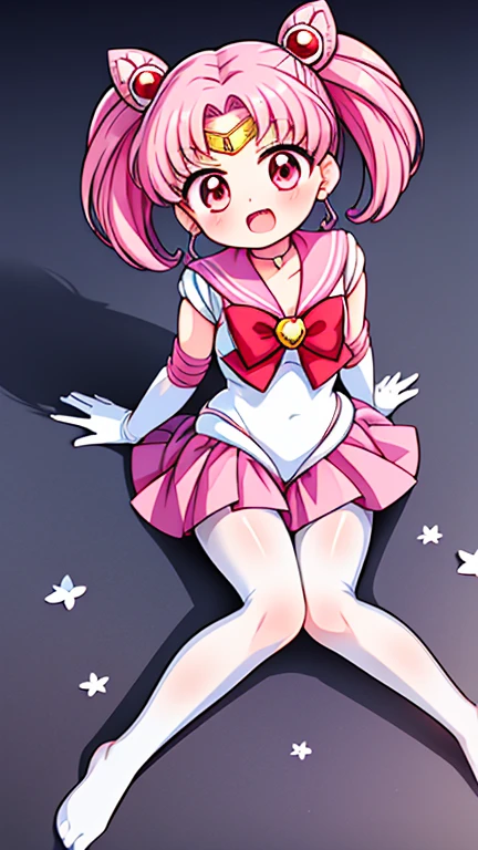 Sailor Moon，childhood，Seven years old，Cute little loli，Pink hair twintails，short hair，Sailor suit，bow tie，White elbow gloves，Red Skirt，lying down，no shoes，Open your mouth，laughing out loud，fangs，（white pantyhose）（white pantyhose）