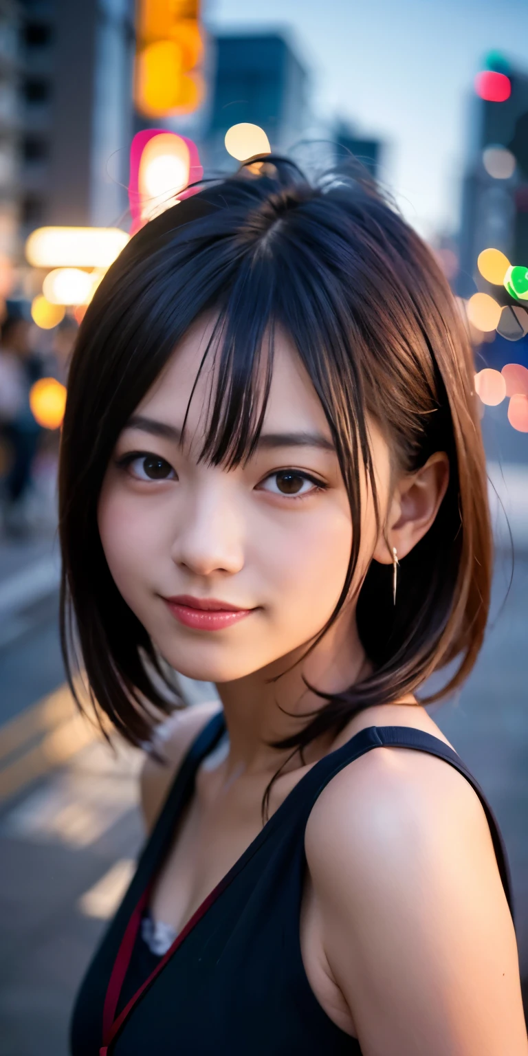 1 girl, tokyo street,night, cityscape,city lights,Upper body,close,smile,, (8K, Raw photo, highest quality, masterpiece:1.2),(realistic, photo-realistic:1.37),