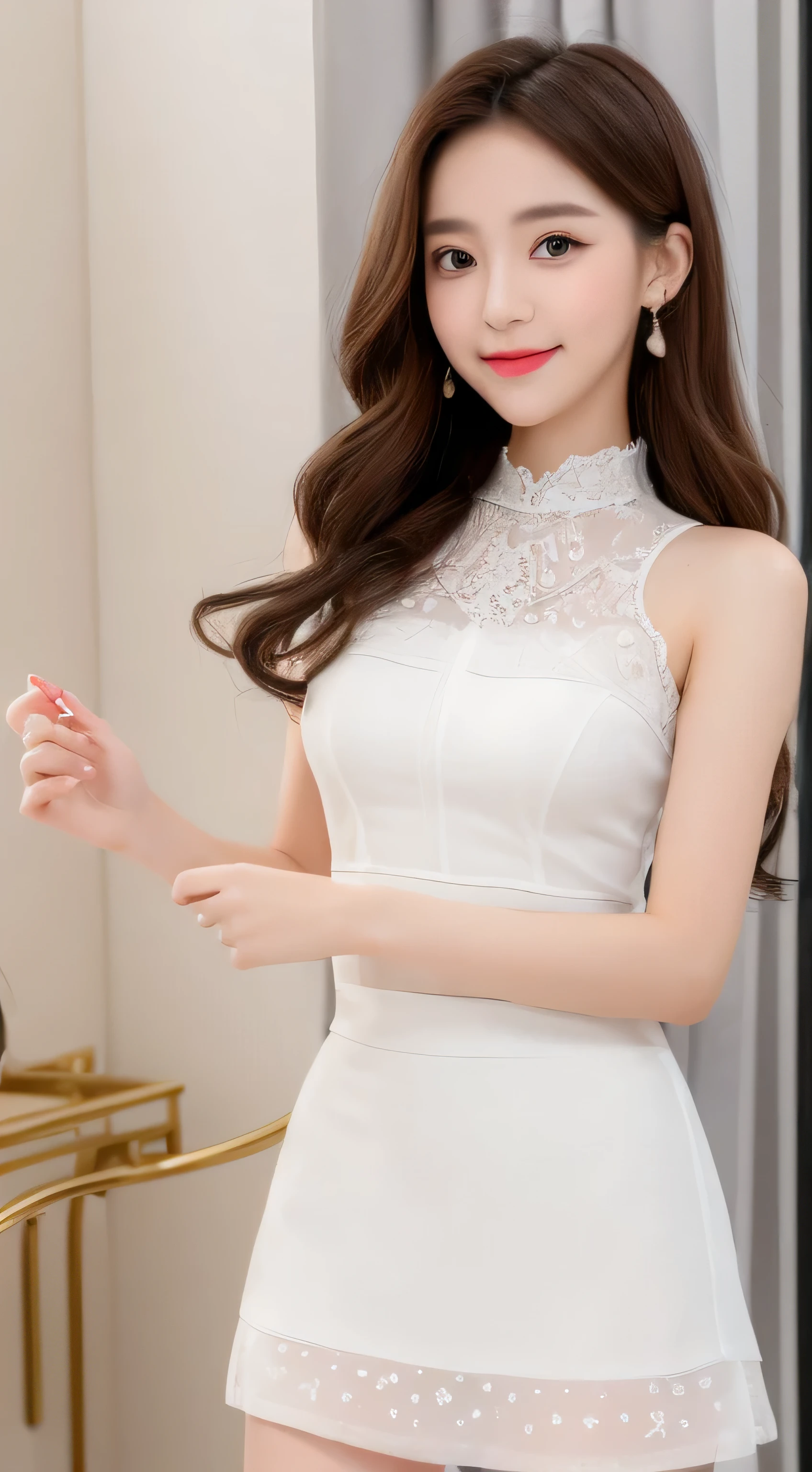 ((highest quality, 8K, masterpiece :1.3)), 1 girl, smile, full body, slim face, Beautiful woman, (dark brown hair), full length dress :1.1, super detailed face, fine eyes, double eyelid, blur background, slim face, city, outside, street,in a Luxurious room、Gently bite the thumb of your right hand(flooming laced mini dress), ((white color dress)), (tight skirt) (ultra mini skirt),