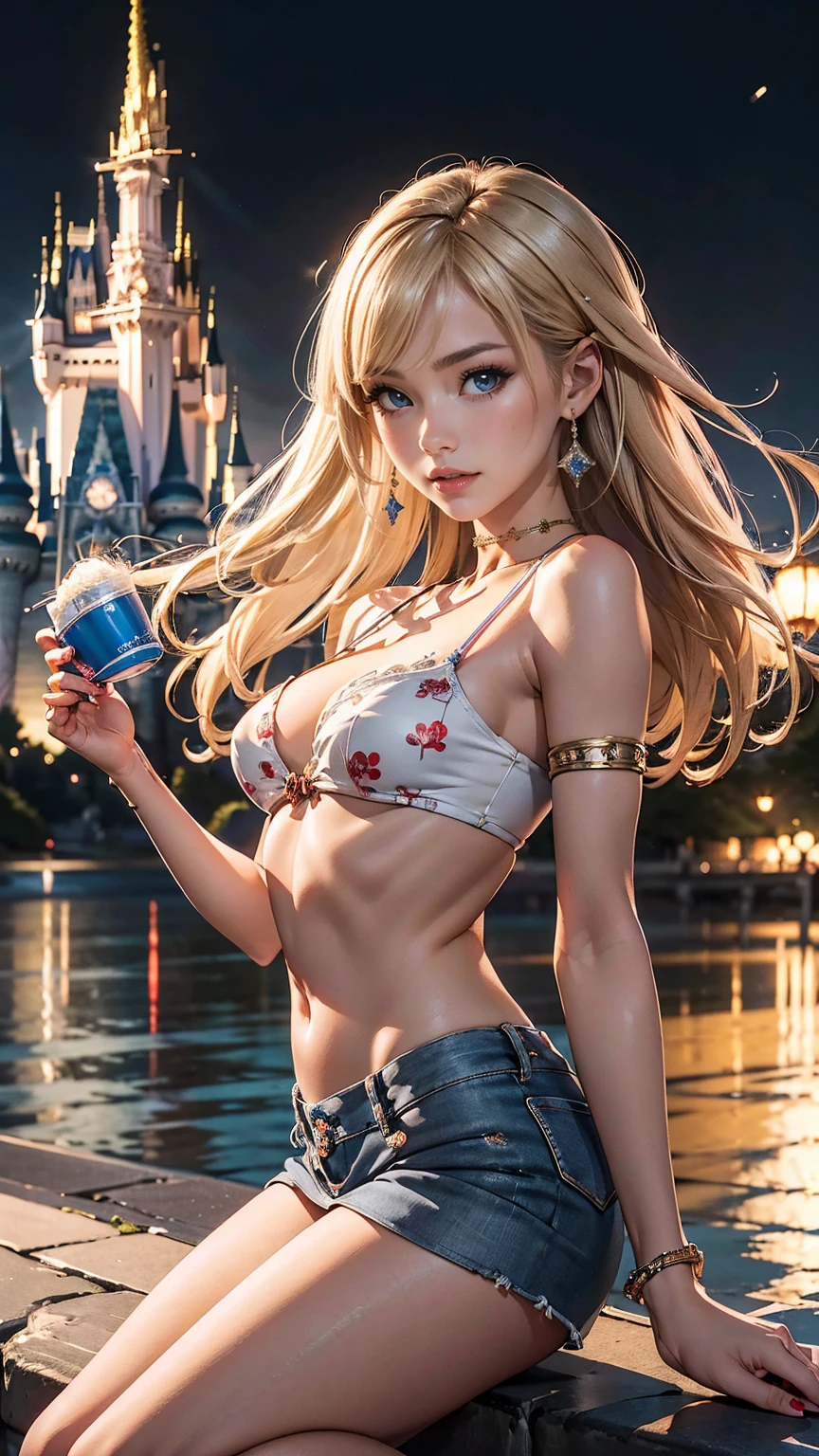 ((最high quality, 8K, masterpiece: 1.3, Ultra HD, high quality, 最high quality, High resolution, realism)) 、25 year old white woman、platinum blonde、blue eyes、long hair、hair above one eye、smile、slender、slenderだがアスリートのような細マッチョな身体、I don't want my head to disappear from the screen.、手首にアクセサリーapply、Wearing red nail polish、I have a peticure、anklet((anklet))apply、Wear printed tops that show your lower breasty abs are cracked、I can see the belly button、I'm wearing a low-rise miniskirt、wear socks、Wear stiletto heels、Disney randにいる、cinderella castle background