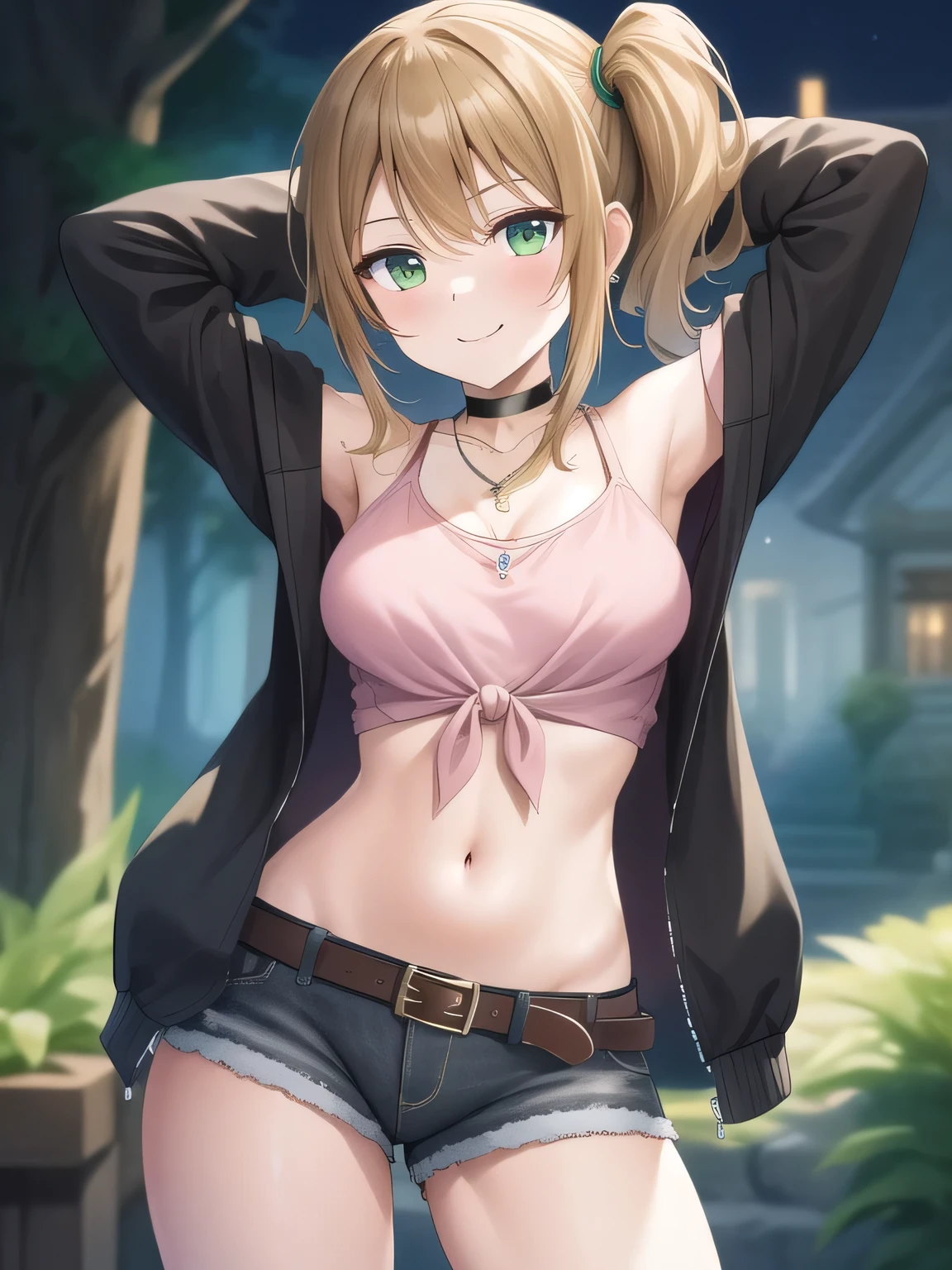 (masterpiece, best quality:1.2),illustration,8k,hd,1girl,solo, green eyes,side ponytail,brown hair,jacket,tied shirt,pink shirt,belt,choker,long hair,midriff,necklace,jewelry,off shoulder,green jacket,denim shorts,breasts,long sleeves,black shorts,black choker,bangs, solo, night sky, forest, arms behind head, contrapposto, spread armpits, closed mouth, smile, (cowboy shot:1.5)