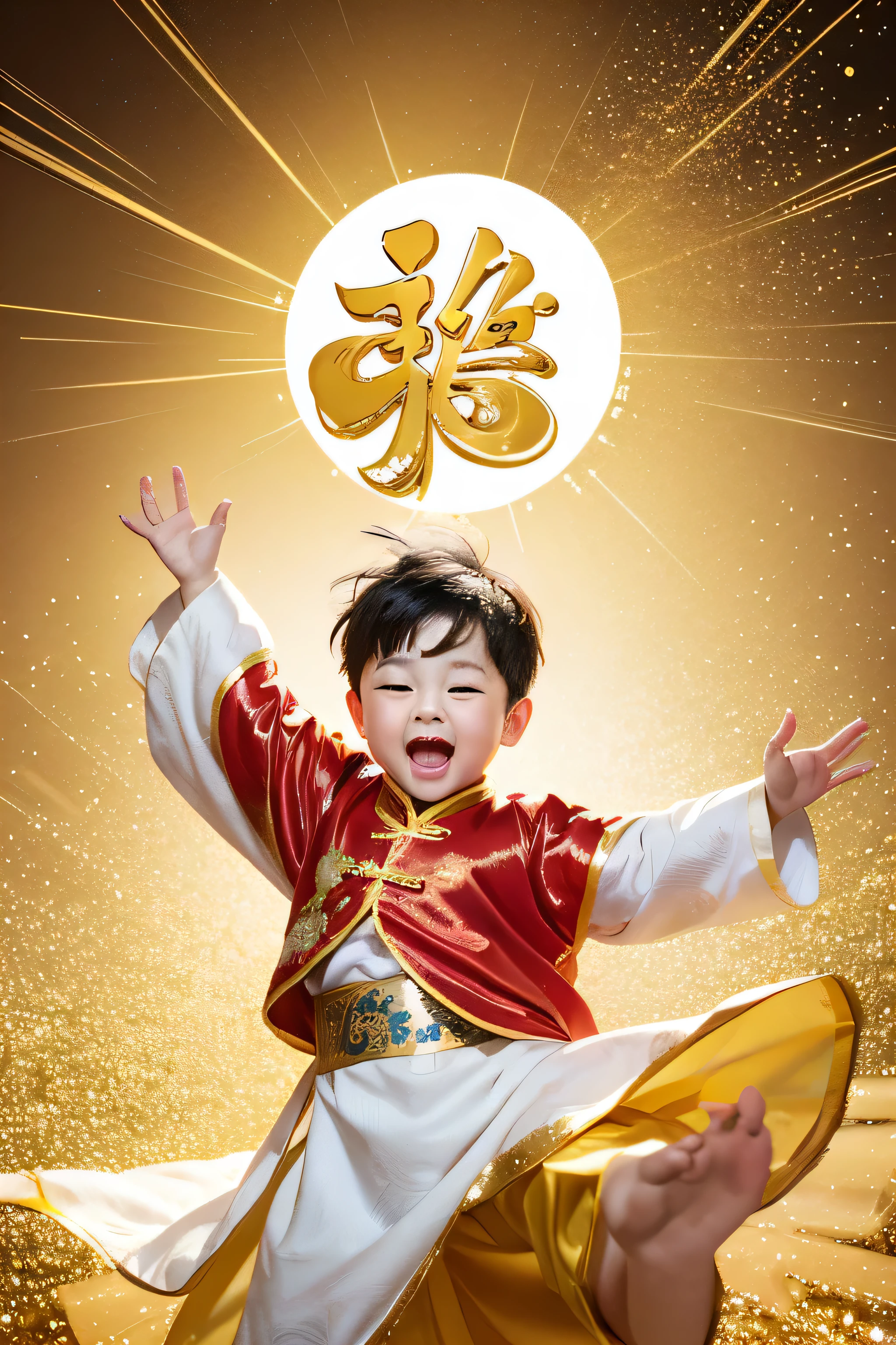 Chubby,Lovely,Beautiful Chinese boy，About  or fivearing Chinese costume, opening his mouth happily,A large amount of gold coins fell from the sky,Funny facial expressions,exaggerated movements,3d characters,Gold glittering background,A bit fluffy,elongated shape,cartoon style,Minimalism  