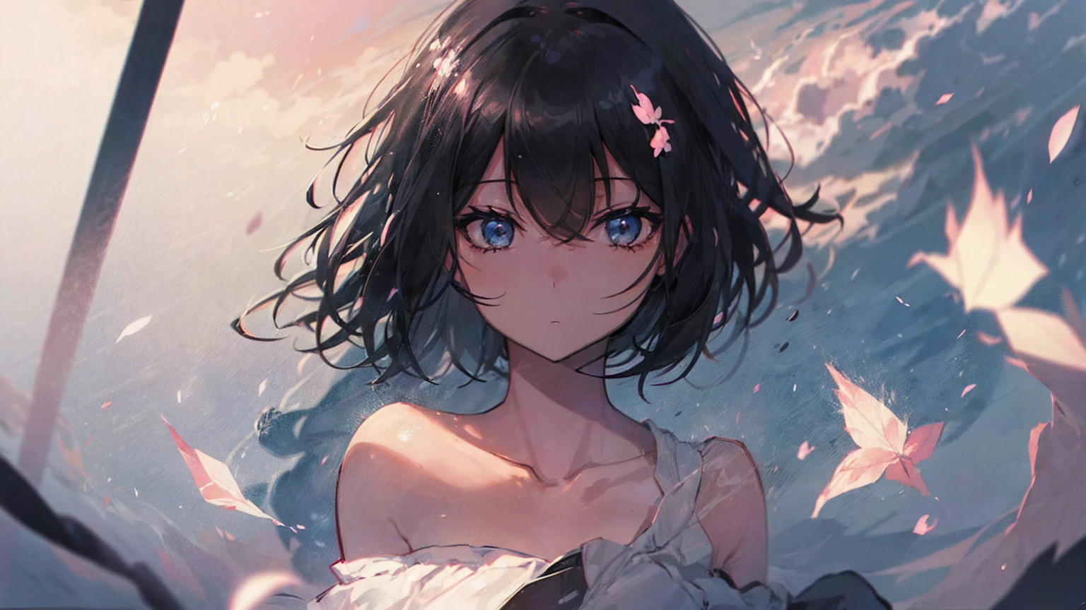 Product illustration for Girl in the Wind,cherry blossoms,water中で,water,black hair,short bob,white skin,Pale complexion,Light skin tone,face forward,Are standing