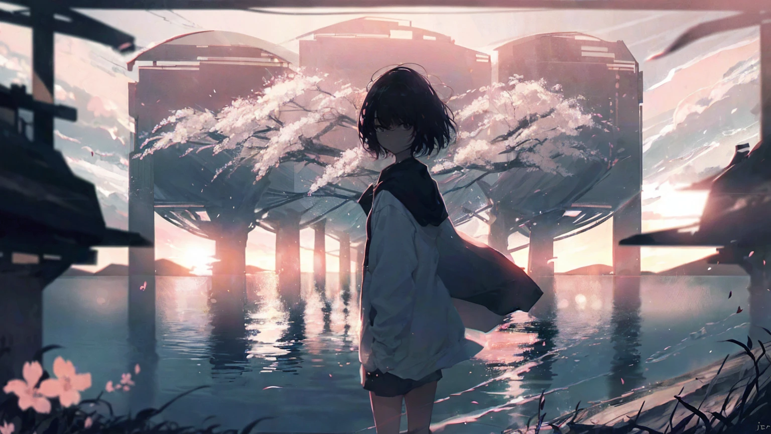 Product illustration for Girl in the Wind,cherry blossoms,water中で,water,black hair,short bob,white skin,Pale complexion,Light skin tone,face forward,Are standing