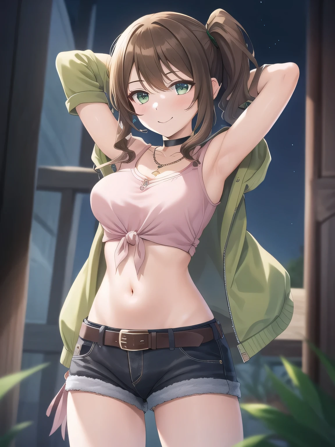 (masterpiece, best quality:1.2),illustration,8k,hd,1girl,solo, green eyes,side ponytail,brown hair,jacket,tied shirt,pink shirt,belt,choker,long hair,midriff,necklace,jewelry,off shoulder,green jacket,denim shorts,breasts,long sleeves,black shorts,black choker,bangs, solo, night sky, forest, arms behind head, contrapposto, spread armpits, closed mouth, smile, (cowboy shot:1.5)