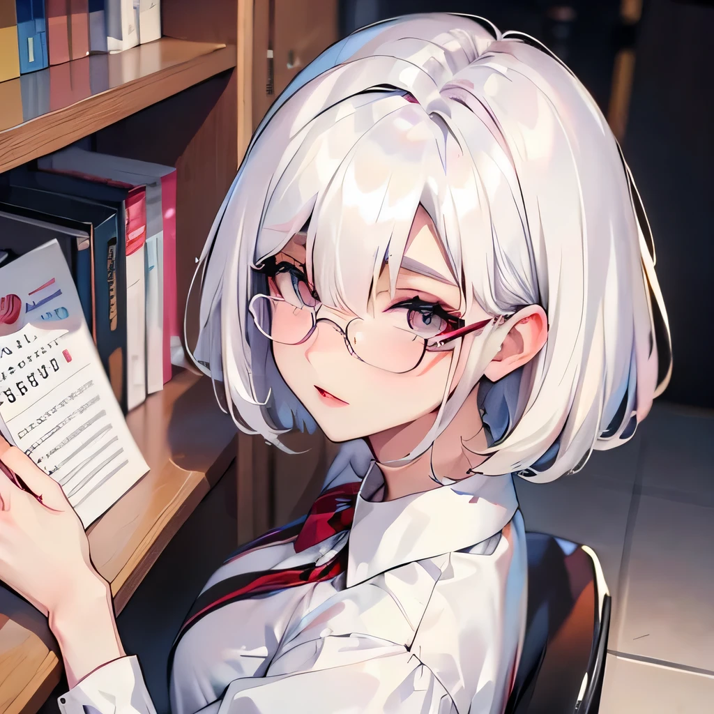Girly girl, round glasses, white shirt, face close-up, white hair, light white eyes, pure, short hair, (Hair Over One Eye), smart, pencil, hugging her books, pixie haircut 