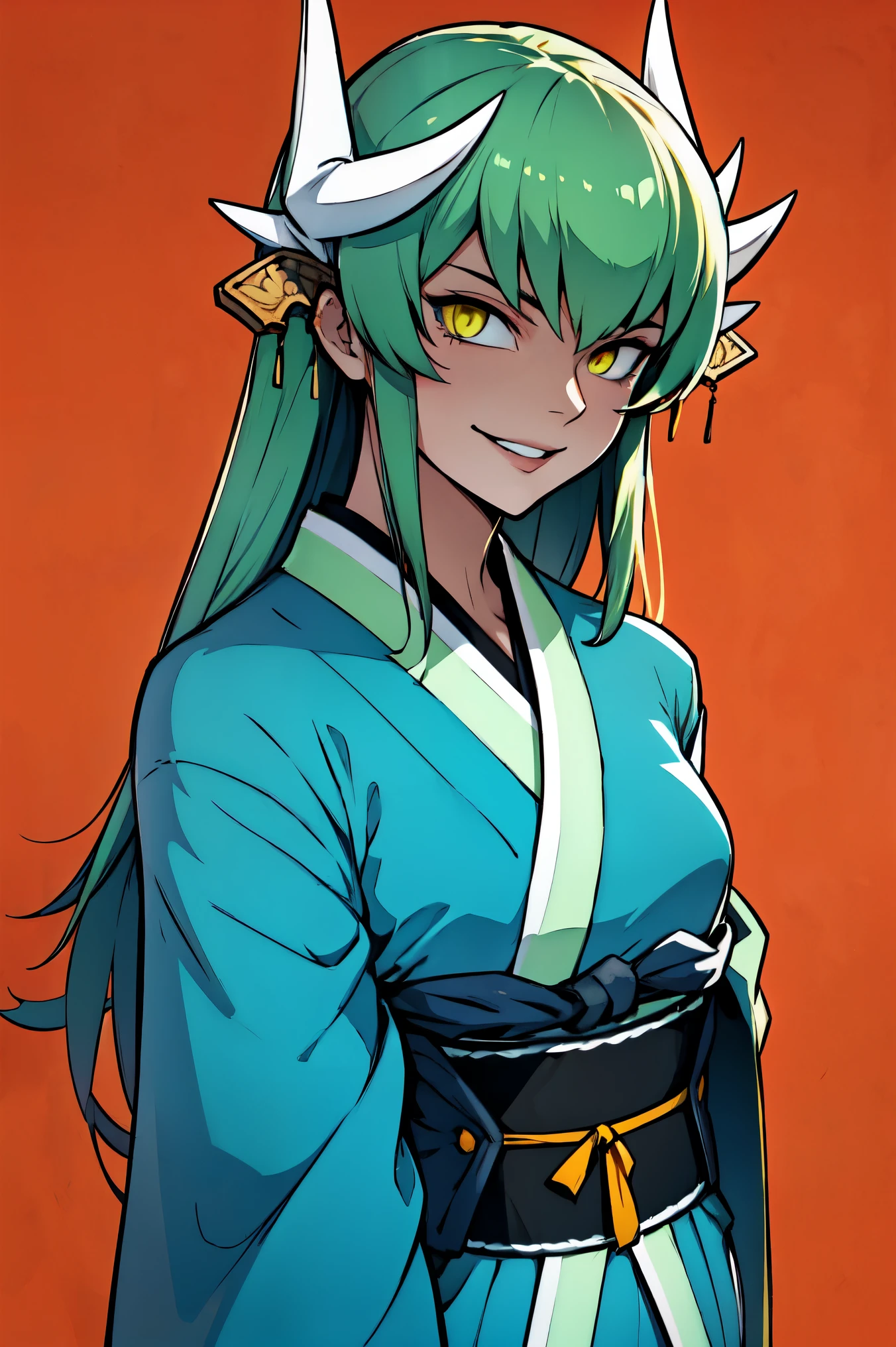 1girl, solo, ((aakiyo)), long hair, green hair, white horns, hair ornament, yellow eyes, wearing a kimono, blue_kimono, pelvic_curtain, white thighhighs, smile, evil_smile, smirk, disgusted, constricted_pupils, yandere, parted lips, mysterious, shaded face, looking at viewer, upper body, standing, (arms behind back), simple background, black background, masterpiece, best quality