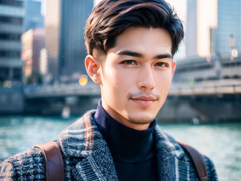 realism, 8K full body portrait, a handsome guy, 28 year old man,Wear a cardigan and jacket. charming expression, Detailed facial details, Cherry blossoms bloom along the banks of the Meguro River. 