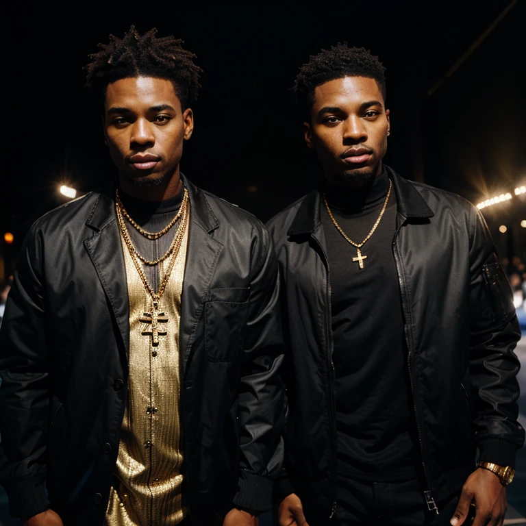 Two black men in black jackets with several gold chains and microphones in their hands and with a lot of people taking photos