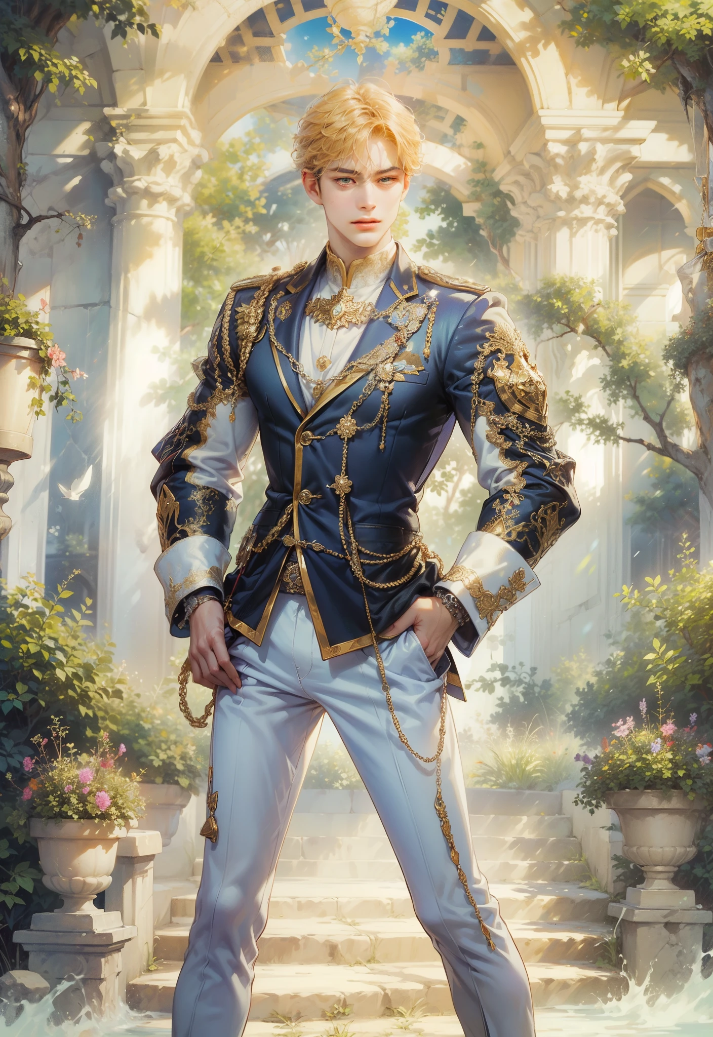 (masterpiece, top quality, best quality, official art, beautiful and aesthetic:1.2), boy, handsome, extreme detailed faces, (fractal art:1.3), colorful, highest detailed, (perfect face), shiny skin, HDR, cantarella, extremely detailed dress, detailed background