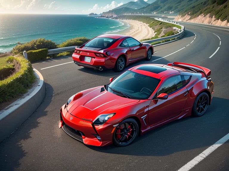 ultra high resolution、Ultra high quality、8K、Nuanced expression、Coastline in early summer、Beautiful fresh greenery and crashing ocean waves、A red car drives elegantly on the coastal mountain pass road.....、((Nissan FairladyZ・3000ZR))