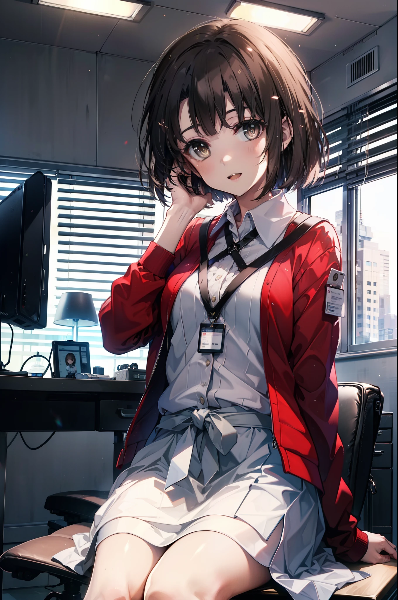 katoumegumi, megumi katou, brown hair, short hair, (brown eyes:1.5),happy smile, smile, open your mouth,OL, red glasses, end, black suit jacket, collared jacket, white dress shirt, collared shirt, neckline, button, strap, ID card on neck, black pencil skirt, black pantyhose,stiletto heels,sitting cross-legged on a chair,There is a computer on the desk,touch typing,インテリア
break looking at viewer,(cowboy shot:1. 5)
break indoors, office,
break (masterpiece:1.2), highest quality, High resolution, unity 8k wallpaper, (shape:0.8), (fine and beautiful eyes:1.6), highly detailed face, perfect lighting, Very detailed CG, (perfect hands, perfect anatomy),