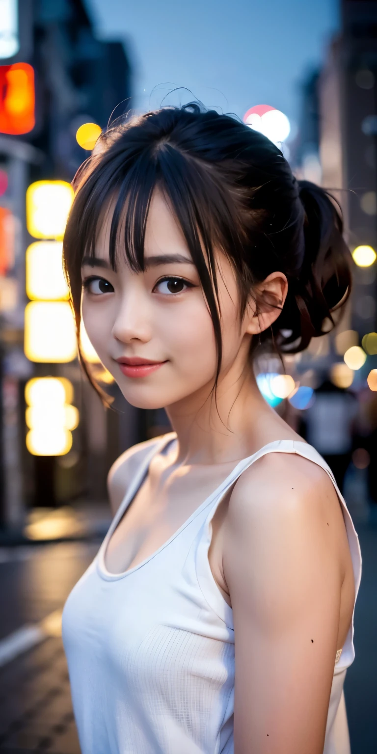 1girl, Tokyo street,night, cityscape,city lights,upper body,close-up,smile,, (8k, RAW photo, best quality, masterpiece:1.2),(realistic, photo-realistic:1.37),