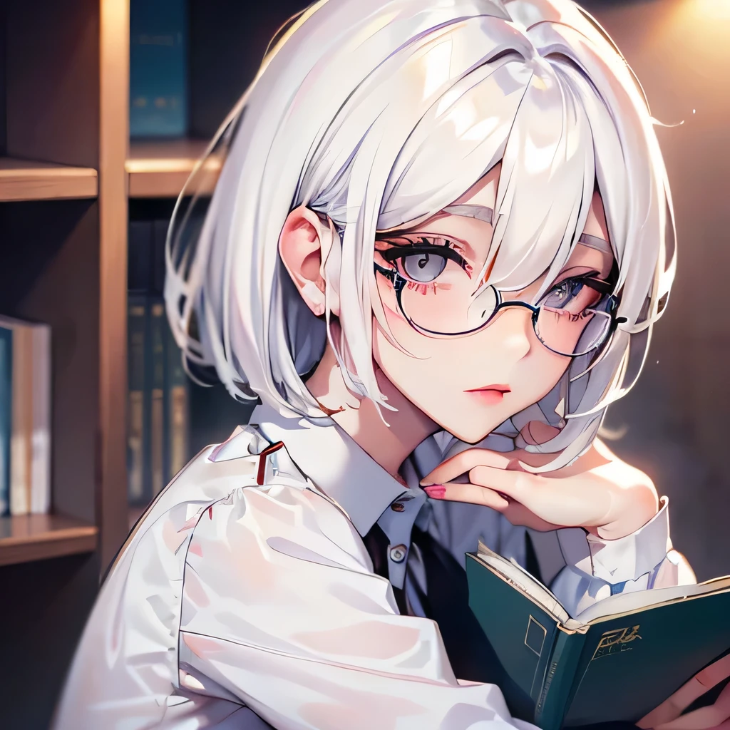 Girly girl, round glasses, white shirt, face close-up, white hair, light white eyes, pure, short hair, (Hair Over One Eye), smart, pencil, hugging her books, pixie haircut 