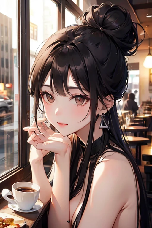 highest quality, High resolution,thin、brown eyes、expensive、black hair、（amount:1.3),bun hair、Cafe、(naked:1.3)、Silver Earrings、Shyness
