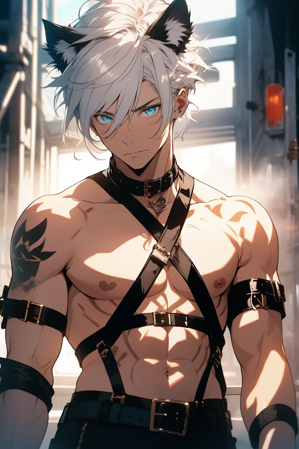 1 man, white hair, Male, tattoo, bondage harness, demon, muscular, mushroom hat, cat ears, cat tail, golden eyes,