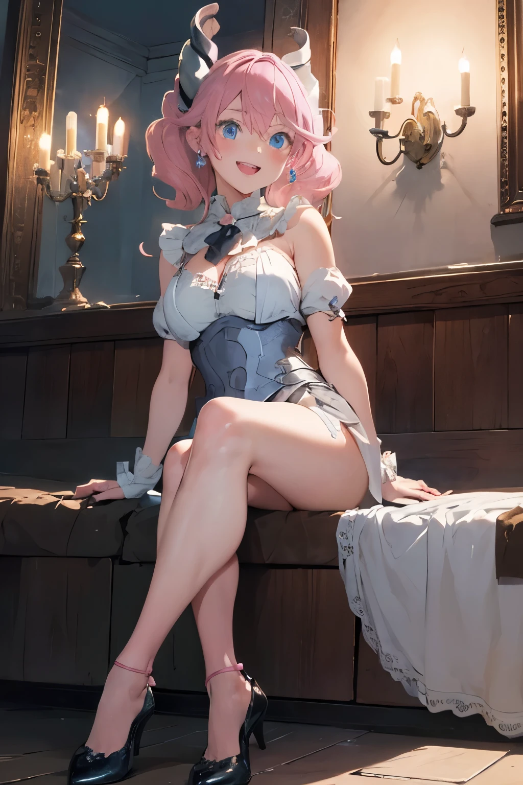 ((masterpiece)),(best quality), ((extremely detailed CG unity 4k wallpaper)),(cinematic lighting), (an extremely delicate and beautiful girl:1.3),moon light ,face, fixed eye, hand fixed (++pink hair++), blue eyes, long hair, jewelry,earrings, :d, maid, labrynth,
Large breast ,(Crystal chandelier), horn ,indoor ,hand over hip , sitting on theone, beautiful crossed leg in detailed,  all body , leg fixed , view from side, worship , shoes