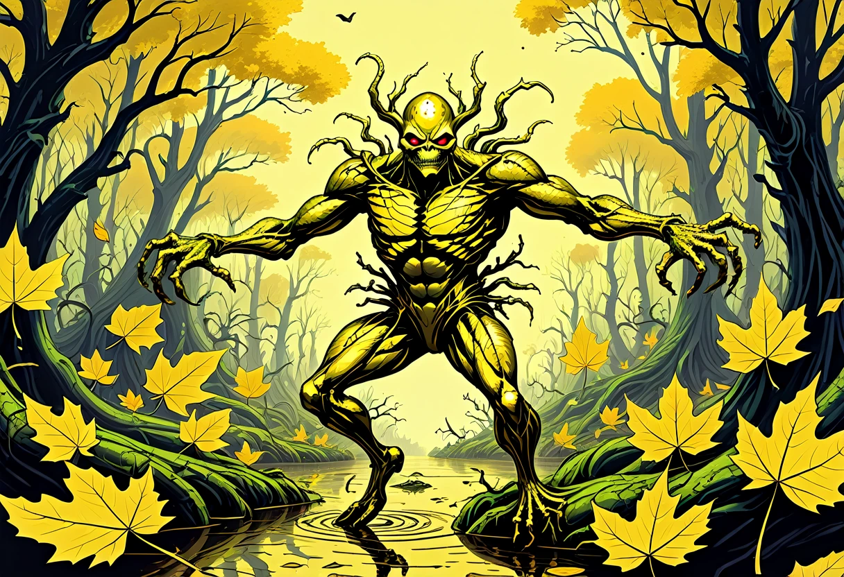 intricate ornate gold leaf, golden leaf design, gold leaf aesthetics, (wordless, single image), Golden Swamp Thing, overgrown rewilding with golden leaves, showcase Swamp Thing golden leaf design, dancing a vile stanky boogie dance, hyper maximal, strange absurd, silly hilarity, visually hilarious, cohesive, intense meme that conveys overwhelming joy, hand drawn ink, perfect mastercraft nuance, highly detailed complex illustration, american animation art style, cel shading, Bernie Wrightson aesthetics and coloring, rich color grading, ambrosia, retrowave,
