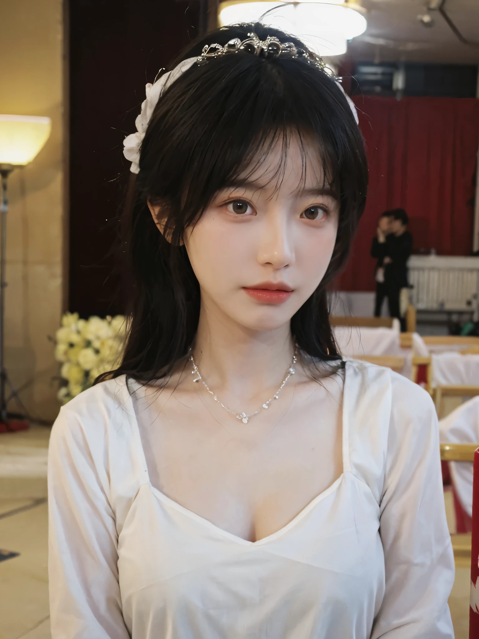 best quality， ultra high resolution， （realistically：1.4），cute hairpin，Baoyu Girl，Standing in the wedding hall，（flat chest：1.2） ，A pair of clear and charming peach blossom eyes,Royal sister，The sun shines on the face，Big wavy hairstyle，（necklace：1.2），（White skin：1.4），a sense of atmosphere，a beautiful girl，Looking directly at the viewer， Close-up cleavage ，(lifelike:1.4),1 girl,Sexy,(Upper body:1.4),(wet),(:1.2)