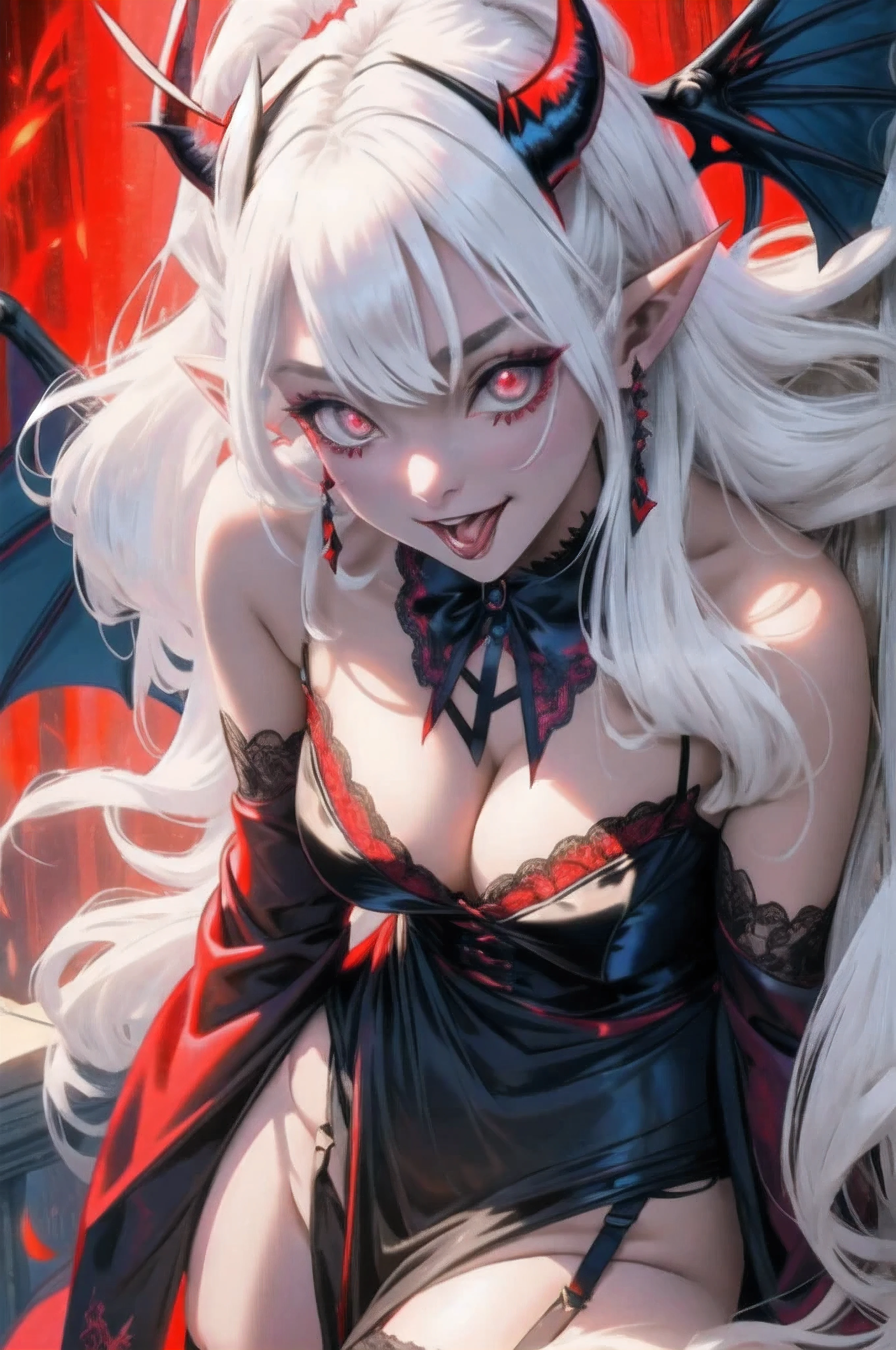 1girl, (female:1.2), mature, aged up, solo, red eyes, white hair, big breasts, glowing eyes, pointy ears, hair ornament, evil, seductive, attractive, smile, open mouth, tongue sticking out, wicked face, insidious, lace trim, (demon wings:1.2), demon horns, demon tail, tail wagging, tail ornament, spiked collar, ass visible through thighs, garter straps, lace-trimmed garter belt, girl on top, looking at the viewer, glowing runes red, demonictech, topless, naked, no panties, showing off