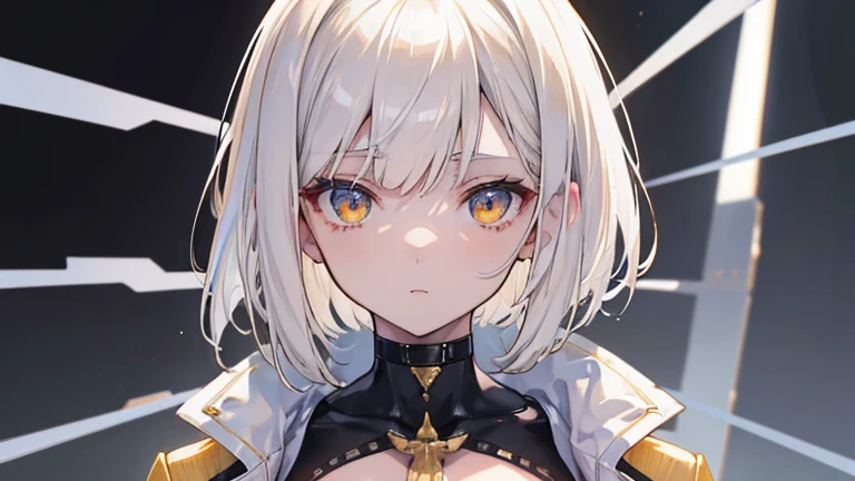 In town, brown skin(absolute), White Bob-Cut(messy), golden eyes(tsurime), Estrus, Her chest is bare, big breasts, cyberpop, Jacket, Too exposed, best quality, slender body shape, melancholy expression, High resolution, masterpiece, beautiful eyes(High resolution), beautiful face(ultra-detailed)
