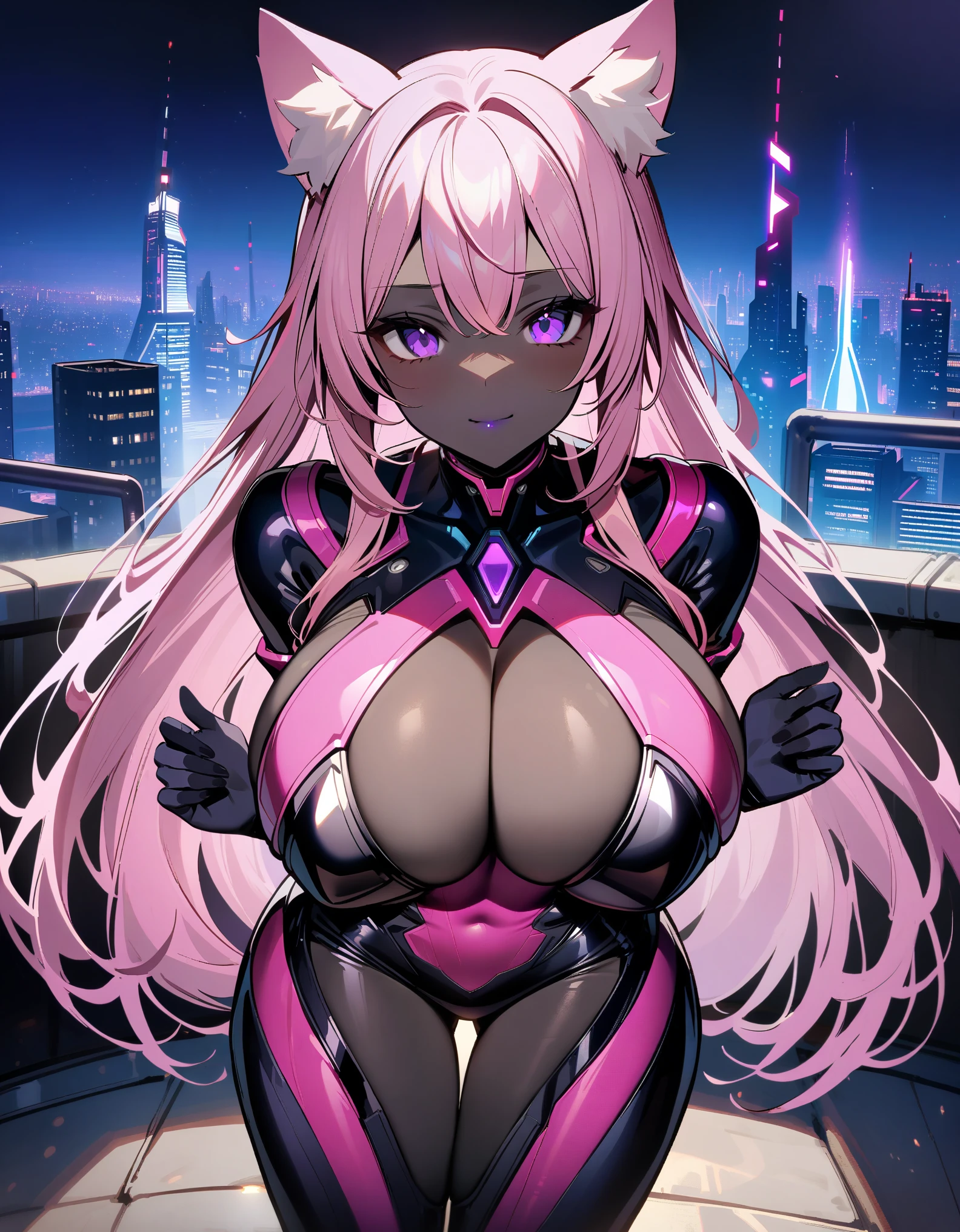 masterpiece, best quality, extremely detailed, 1girl, milf, solo, (dark skin, black skin:2.1), linnite cat girl, (huge breasts:1.3), ((((pink hair), very long hair, purple eyes))), purple lips, (((mechanical bodysuit, pink-striped bodysuit))), ((light smile), closed mouth), ((rooftop, futuristic cityscape))