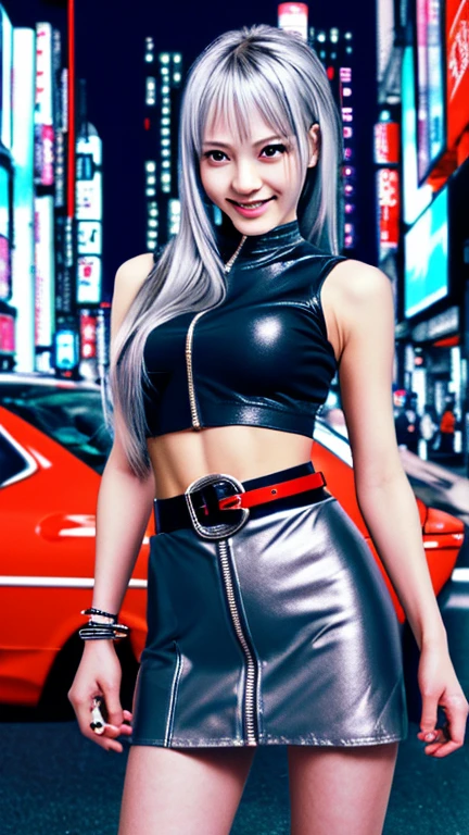 Japanese, Smiling, 20 years old, ((top quality)), ((masterpiece)), (hi-res: 1.3), 3D, Beautiful (Cyberpunk: 1.3), Stylish Woman looking at camera, tight clothes, sleeveless, embarrassing, skin visible at waist, red mini skirt, gold zipper, belt below waistbelt, super detailed illustration, silver hair , forehead showing, silver center zipper, background Cybercity at night, silver hair ponytail